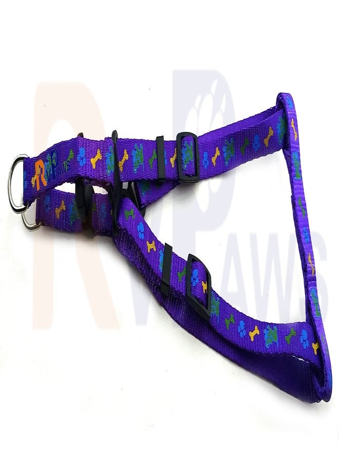 Pups&Pets 15 MM Soft Nylon Adjustable Bone Paw Printed Colourful Puppy Nylon Harness Set with Metal Hook Leash (Purple) - Image 3